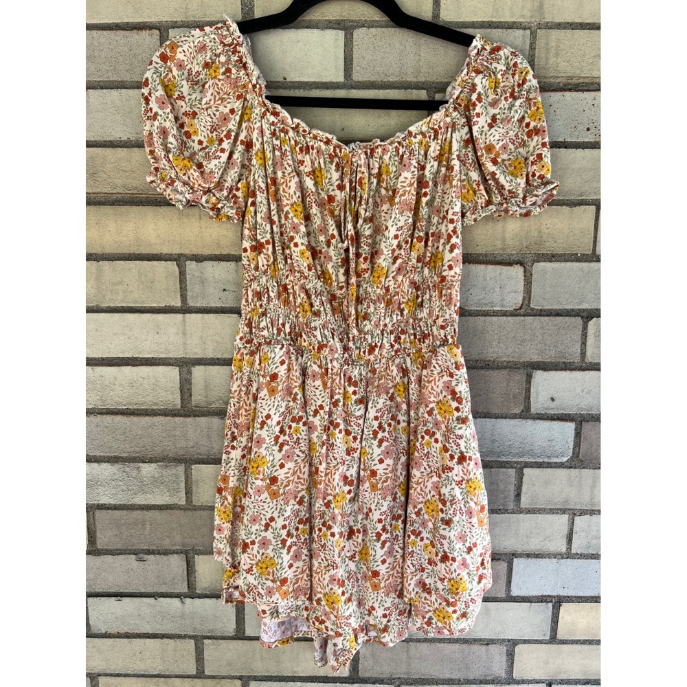 Trixxi Floral Smocked Waist Romper Yellow Pink Red Jrs Size Small XS - Picture 4 of 9
